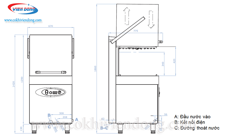 Bản vẽ chi tiết máy rửa bát cho nhà hàng cao cấp Ozti OBM 1080
